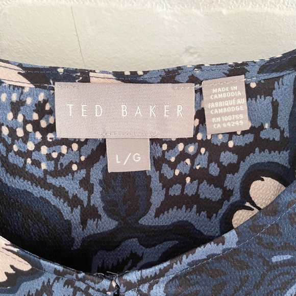 Ted Baker Women’s Blouse Satin Paisley Floral print Boho Key hole Navy Pink L - Picture 6 of 14